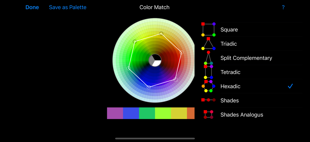 Roda de cores digital mostrando uma relação hexádica e paleta de cores no aplicativo Color Hints.