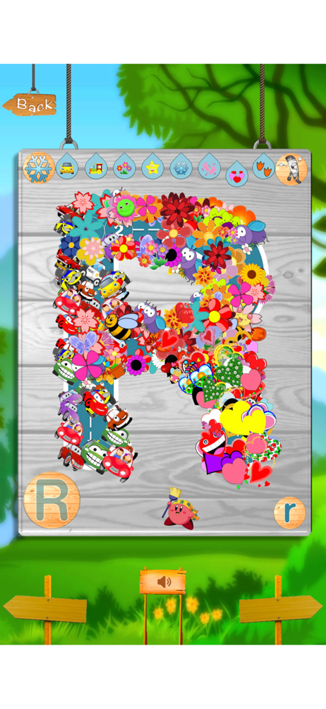 Interactive letter R tracing with colorful icons in a kids educational app