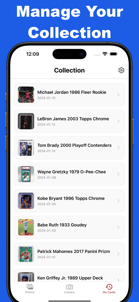 Sports Card Scanner - TCG Scan - Mobile app interface displaying a digital collection of various sports cards including Michael Jordan and LeBron James