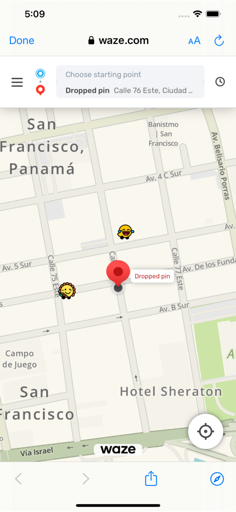 Terpel Friend - Mapa de Waze integrado en la aplicación Terpel Friend que muestra la ubicación de una estación de servicio en San Francisco, Panamá