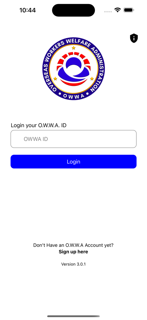 OWWA Mobile App - Login screen for the OWWA Mobile App featuring the official logo and a field to enter an OWWA ID.
