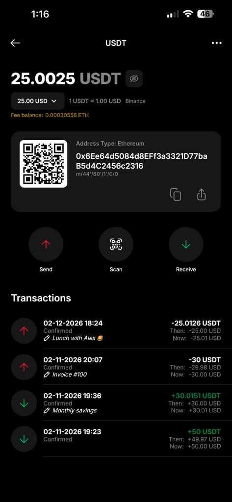 Mycelium Wallet - Mycelium Wallet iOS interface showing USDT balance, receive QR code, and recent transaction history.