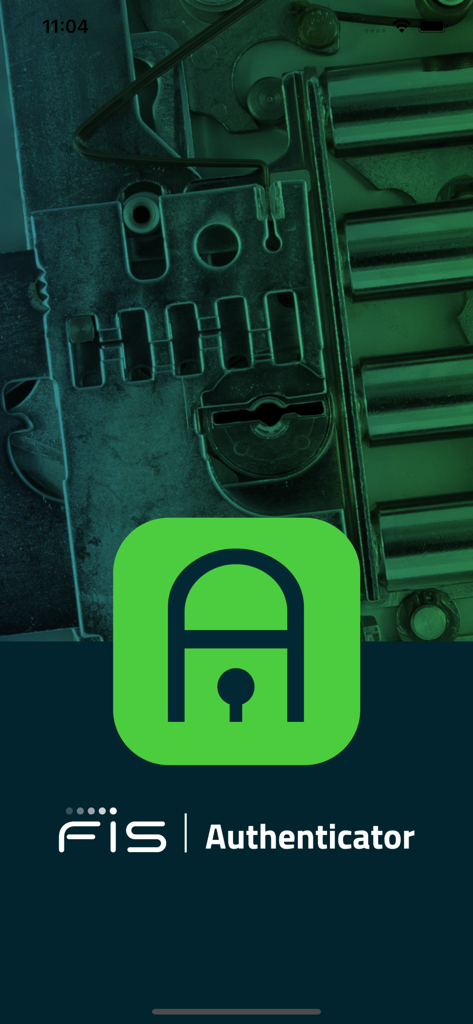 FIS Authenticator splash screen with a green padlock icon and corporate logo