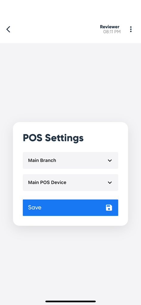 Einstellungsmenü des Daftra-Einzelhandels-POS mit Auswahl von Filiale und Gerät