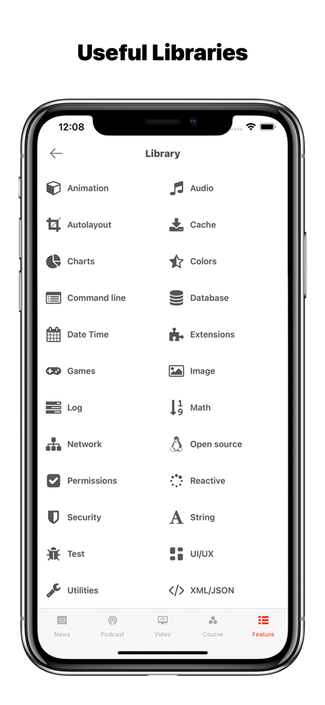 iDev: Developer News - Screen of iDev app displaying categories for useful programming libraries like animation and database