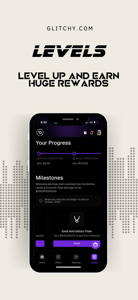 Glitchy Digital Marketing - Interface of the Glitchy app showing progress levels and milestone rewards for digital entrepreneurs.