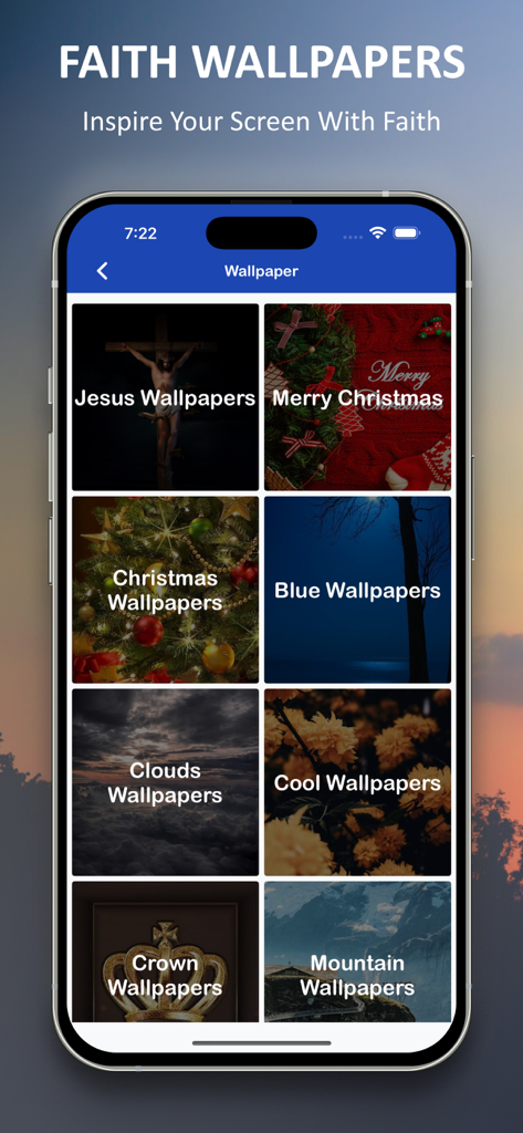 A menu showing different categories of faith-based wallpapers in the app.