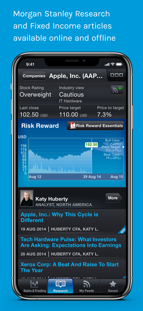 Screenshot of Morgan Stanley Matrix app showing financial research and stock performance analysis for Apple Inc