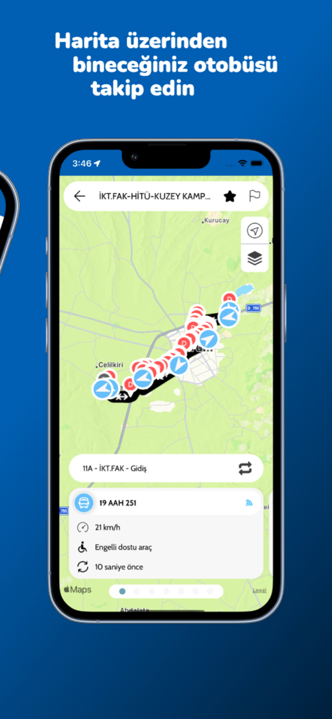 Real-time bus tracking map view on the Corum Ulasim mobile app