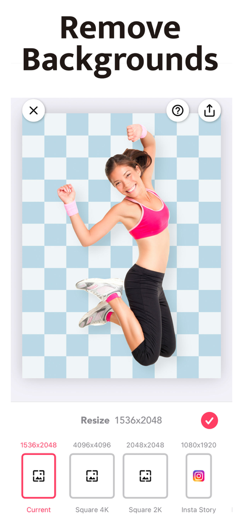 Interface de l'application Magic Eraser affichant un fond transparent et des options de redimensionnement d'images pour les réseaux sociaux