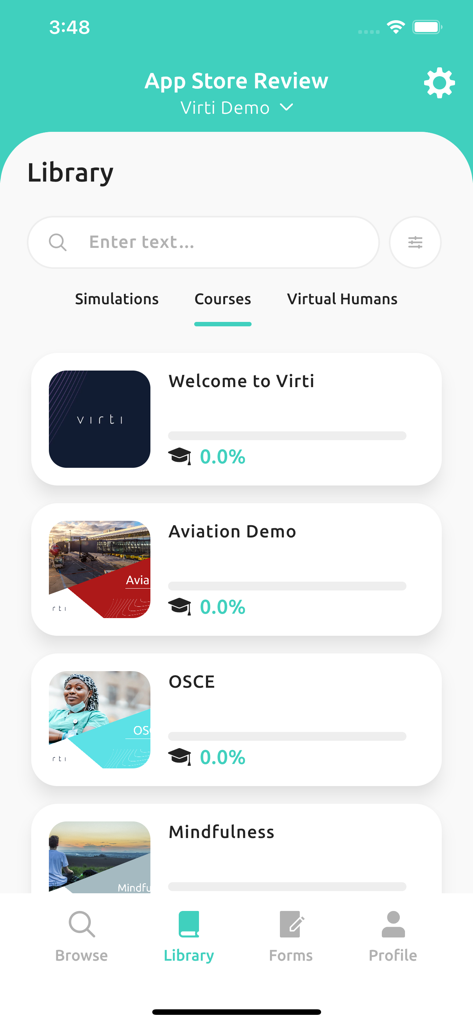 Virti - OSCEやAviation Demoなどのシミュレーションモジュールを含むコースライブラリを表示するVirtiモバイルアプリのインターフェース