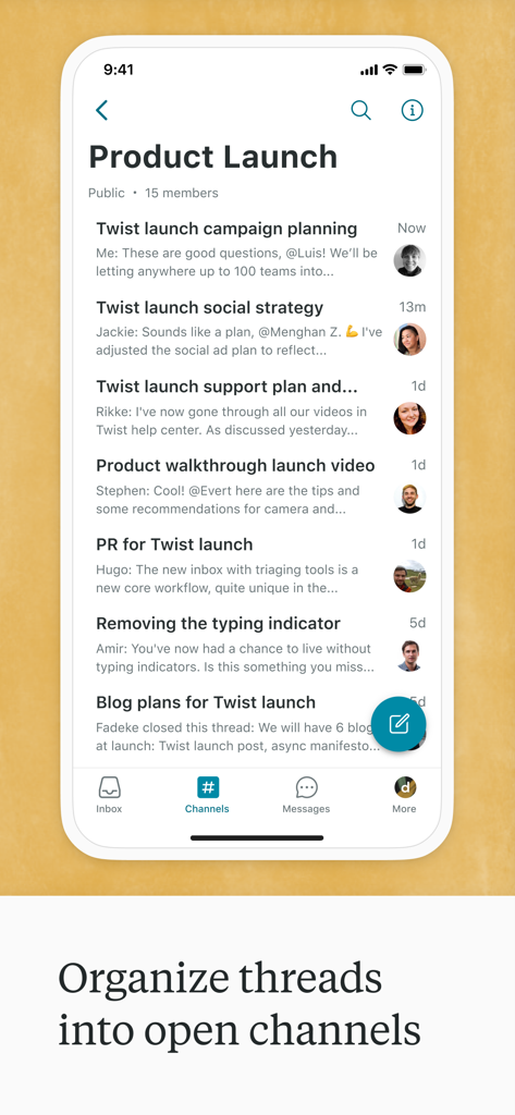 Interface do aplicativo Twist mostrando conversas organizadas em tópicos em um canal de projeto
