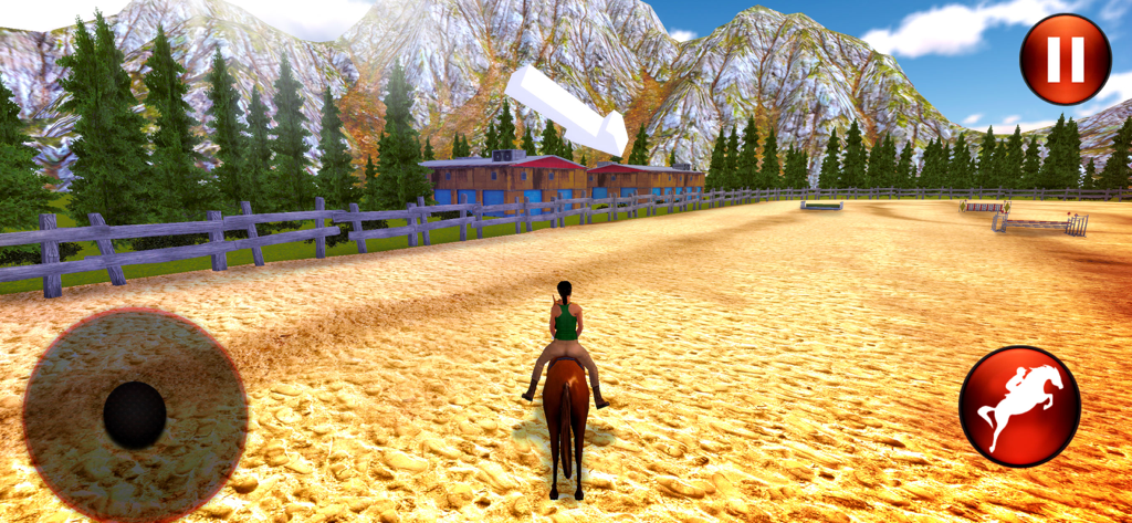 Horse Riding 3D: Show Jumping - Gameplay screenshot showing a rider on a horse in an outdoor arena with mountains and stables