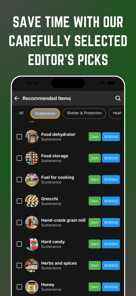 Preppr: Learn, Stock, Survive - A mobile screen showing a list of recommended survival items for sustenance like food storage and grain mills