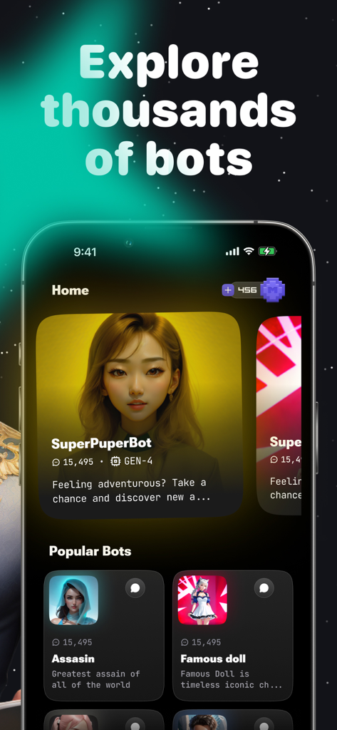 Matcha: Fantasy AI Chat Bots - Interfaz de la aplicación Matcha para explorar miles de bots y personajes de chat de IA