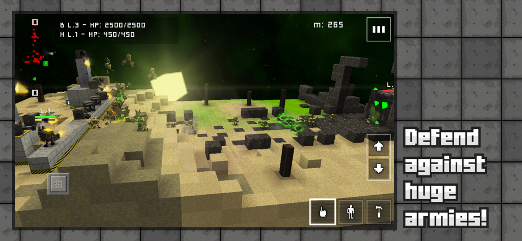 복셀 기반 유닛과 구조물을 보여주는 Block Fortress War의 택티컬 방어 게임 플레이