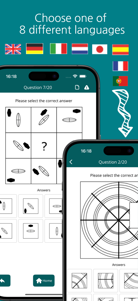 IQ Test: Raven's Matrices Pro - IQ Test Raven's Matrices Pro app interface showing logic puzzles and multiple language options represented by flags.