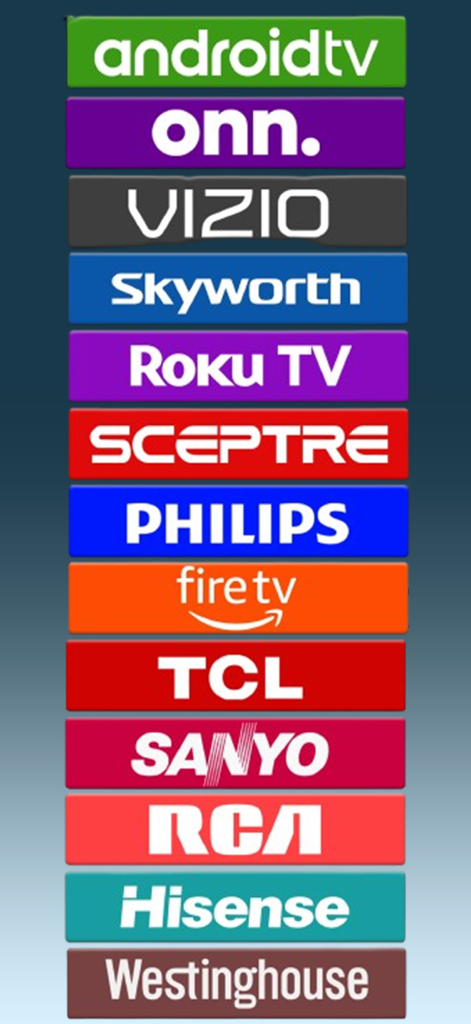 A list of supported smart TV brands and operating systems including Roku Fire TV Android TV and Vizio