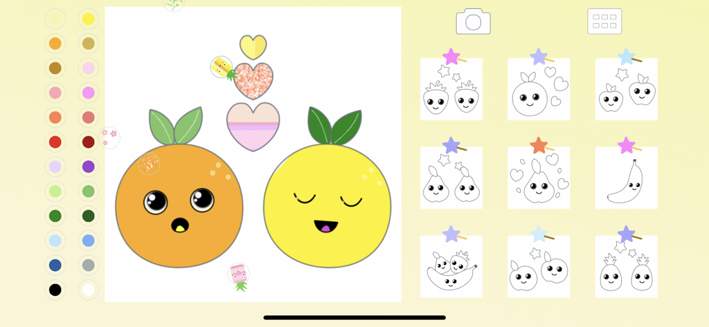 Fruit Coloring for Kid Toddler - Interface of a fruit coloring app for toddlers featuring cute orange and lemon characters with a color palette