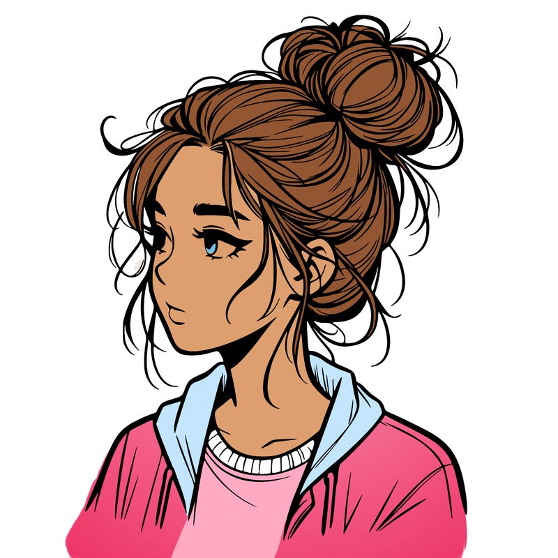 realistic teenage girl with a messy bun