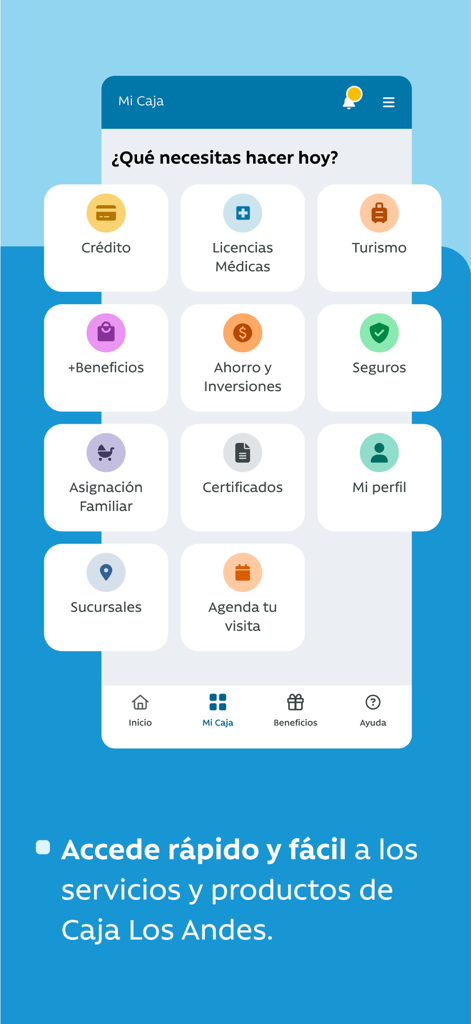 Haupt-Dashboard der Caja Los Andes Mobile App mit Service-Icons für Kredite, medizinische Lizenzen und Ersparnisse