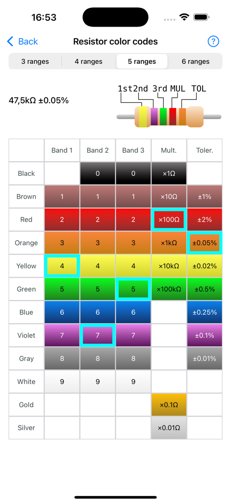 Electronic Component Codes - Application Codes des composants électroniques affichant une calculatrice de code couleur de résistance à 5 bandes avec un tableau de référence des couleurs.