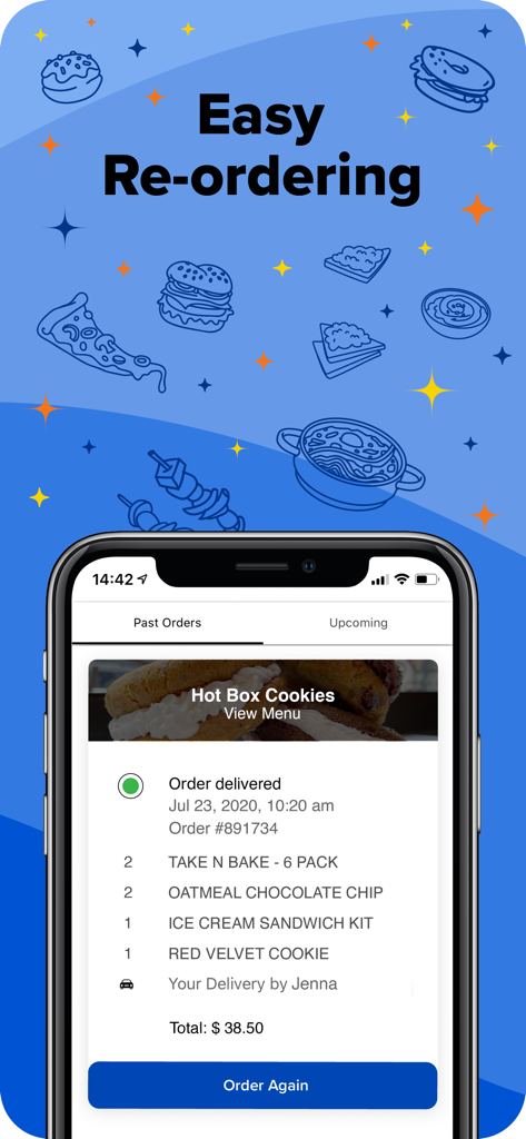 Woosh Delivery app screen showing easy re-ordering from past orders with a summary of a cookie order and an order again button