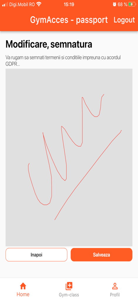 GymAcces Passport - Schermata di firma digitale per i termini e le condizioni di abbonamento alla palestra nell'app GymAcces Passport