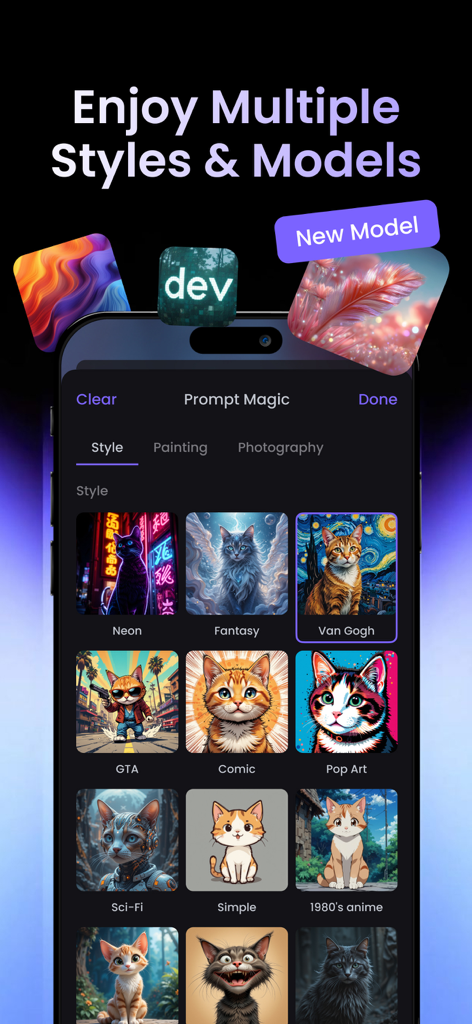 PicLumen - Image & Video AI - PicLumen mobile app screen showing a variety of AI-generated styles for a cat character including Van Gogh Pop Art and Anime styles.
