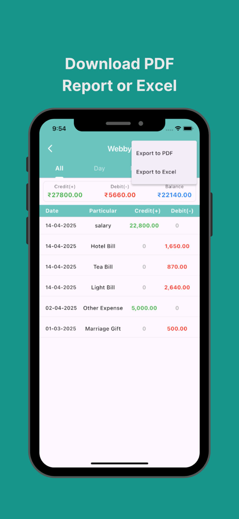 Day-to-day Expenses - Pantalla de informe financiero de la aplicación Gastos Diarios que muestra opciones de exportación a PDF y Excel