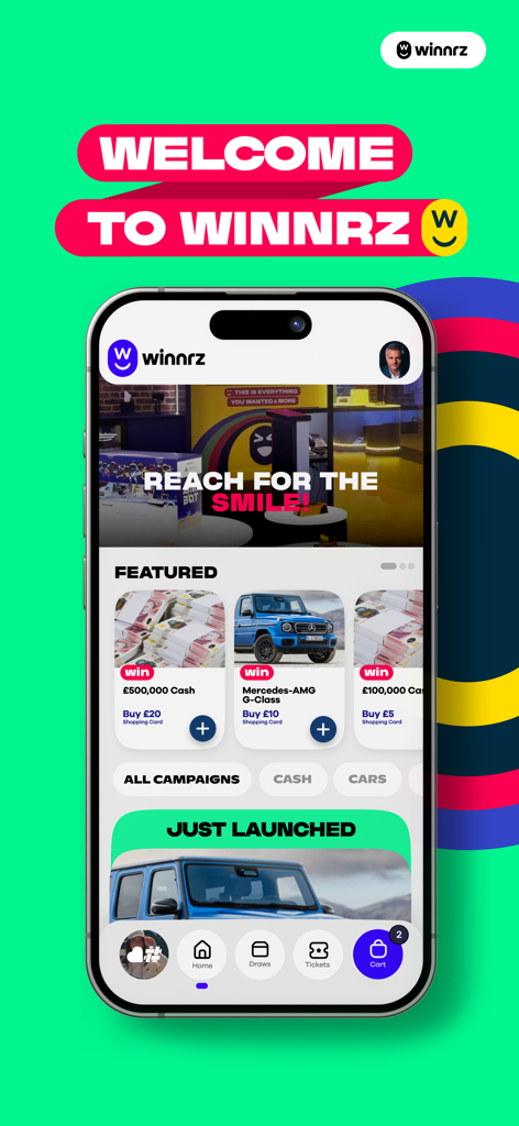 Winnrz - Winnrz app home screen showing prize draws for cash and a luxury car