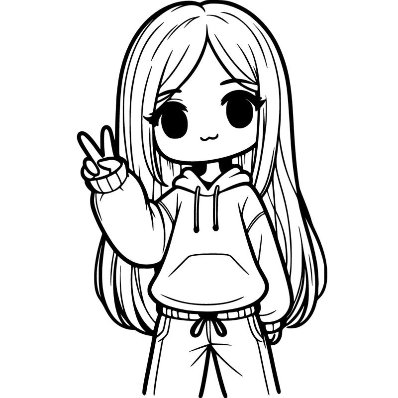 girl with straight down hair wearing a sweater and sweatpants doing the peace sign