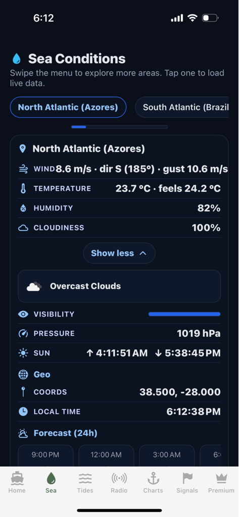 Live Marine Traffic - Live Marine Traffic app interface displaying detailed sea conditions and weather forecast for the North Atlantic