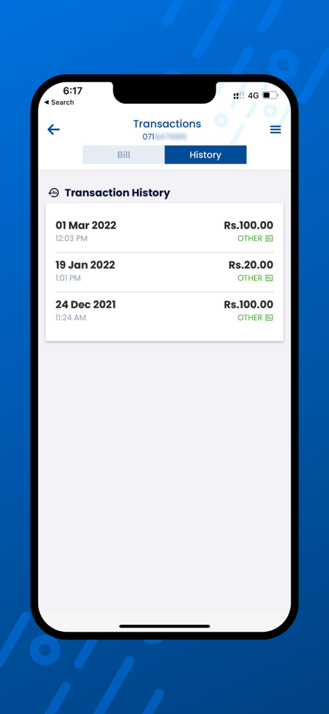 Mobitel Selfcare app interface showing transaction history and billing details.