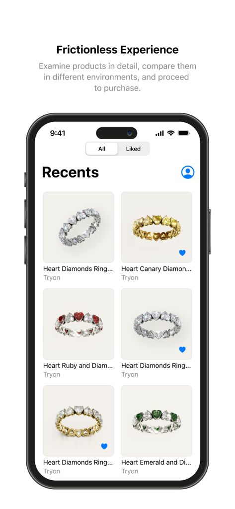 Interface d'application mobile montrant une galerie organisée de bagues en diamant et pierres précieuses en forme de cœur