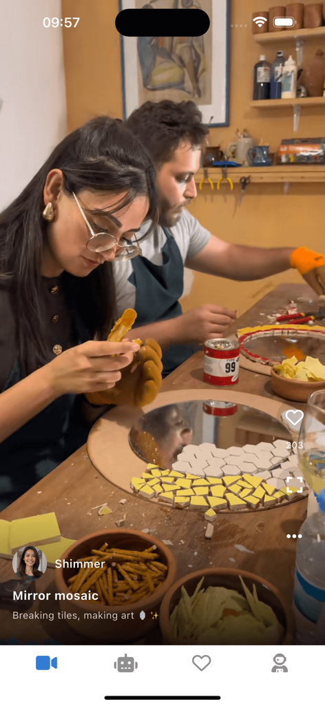 A woman and man creating a mosaic mirror project in a video tutorial within the Miro app