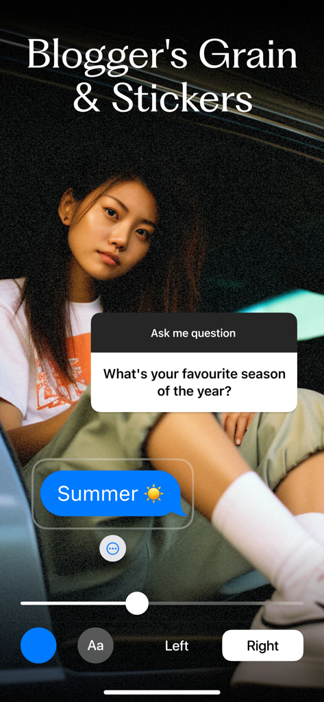 Zebra: Photo & Video Editor - Zebra app interface showing a photo with a film grain effect and social media question stickers
