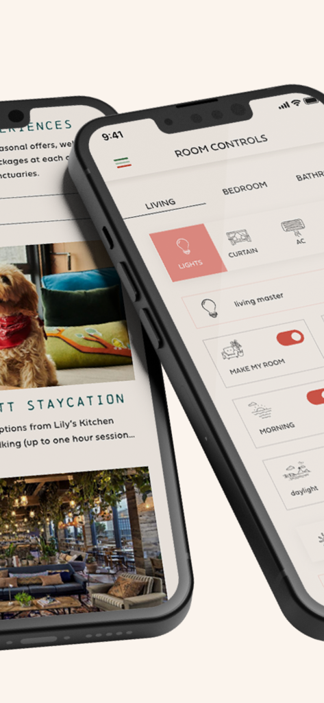 Treehouse Hotels - 객실 제어 설정과 스테이케이션 경험을 보여주는 트리하우스 호텔 모바일 앱 화면