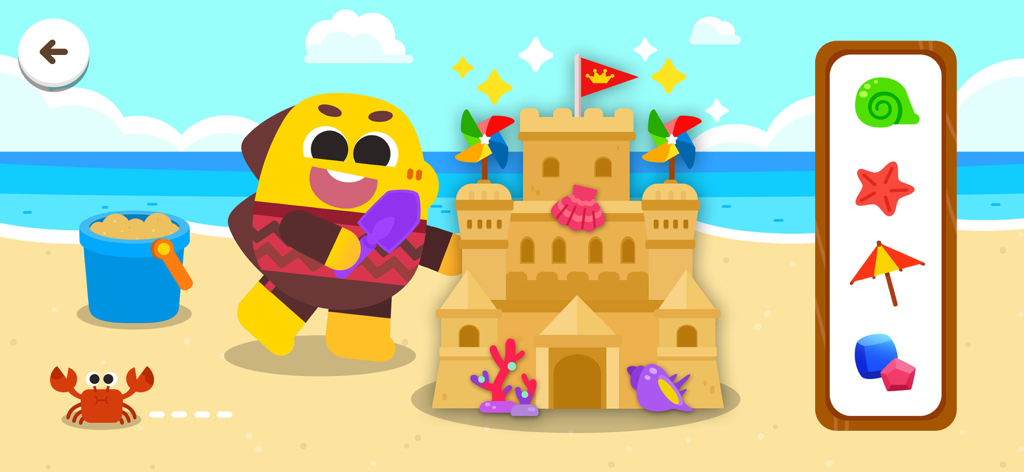 Cocobi World 1 - A cute dinosaur character building a sandcastle on a sunny beach in Cocobi World 1.