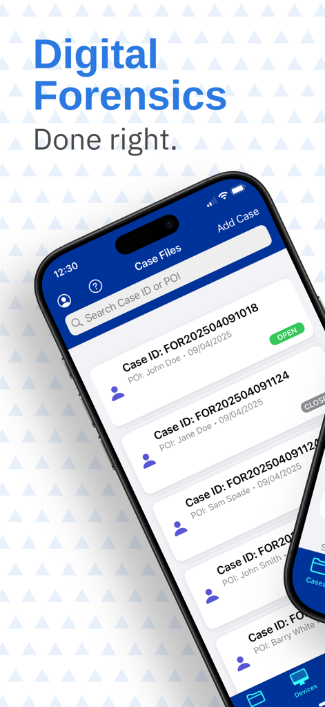 Digital Forensics - Smartphone display of the Digital Forensics app showing a list of case files and investigation status