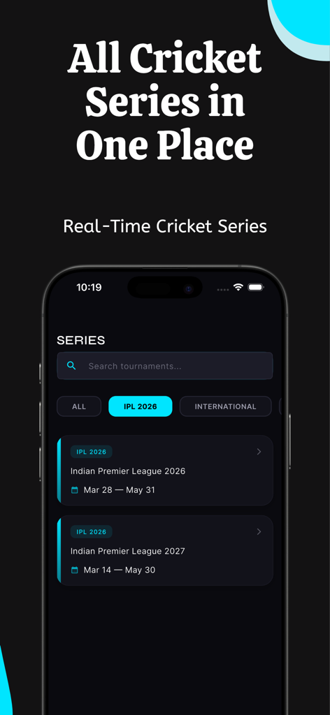 Interfaz de la aplicación CrickTrack mostrando los próximos calendarios de series de la Indian Premier League para 2026 y 2027