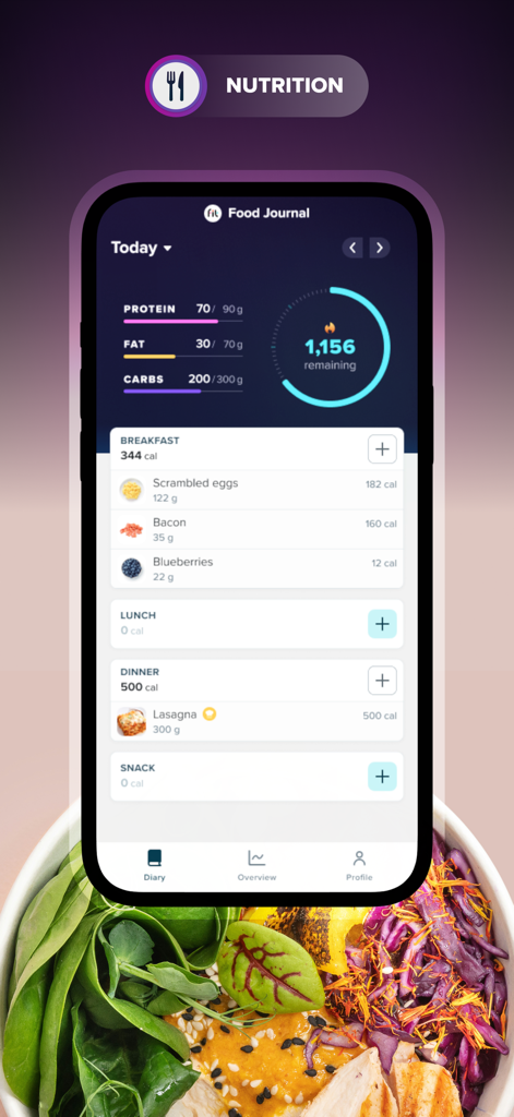 ZOZOFIT: 3D Body Scanner - ZOZOFIT app food journal interface showing calorie and macro tracking with breakfast and dinner logs