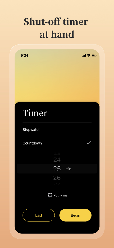 Mind Zen · Focus & Sleep Music - Mind Zen app shut-off timer interface for focus and sleep sessions