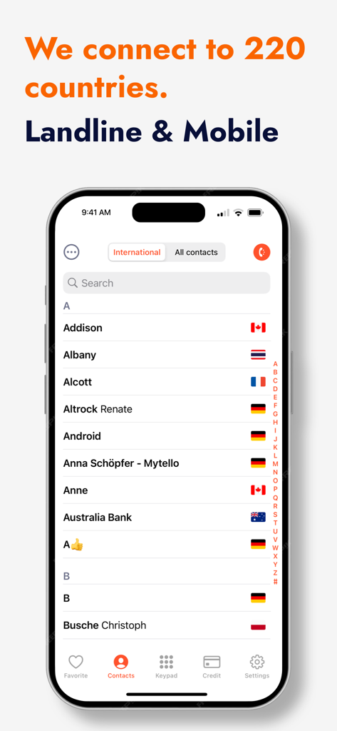 mytello app interface showing international contacts list with country flags