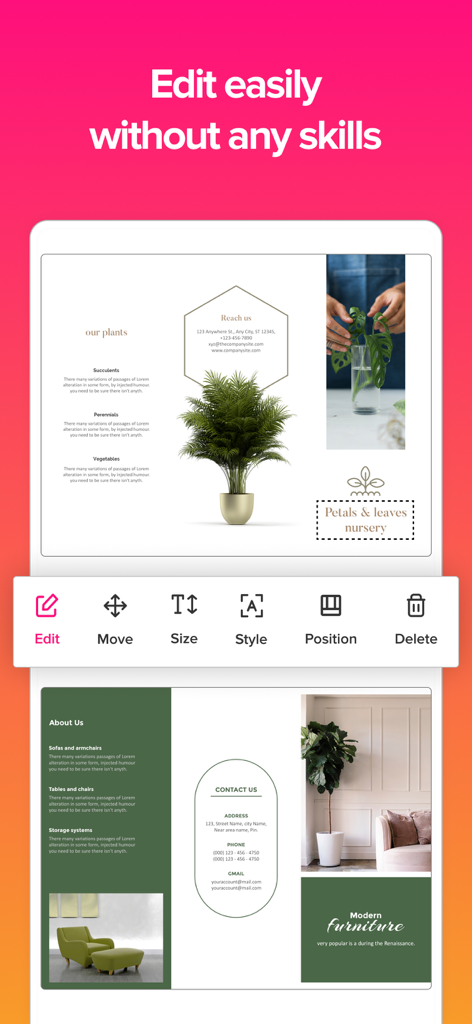 Interfaz de aplicación móvil que muestra plantillas profesionales de folletos y herramientas de edición fáciles para pequeñas empresas