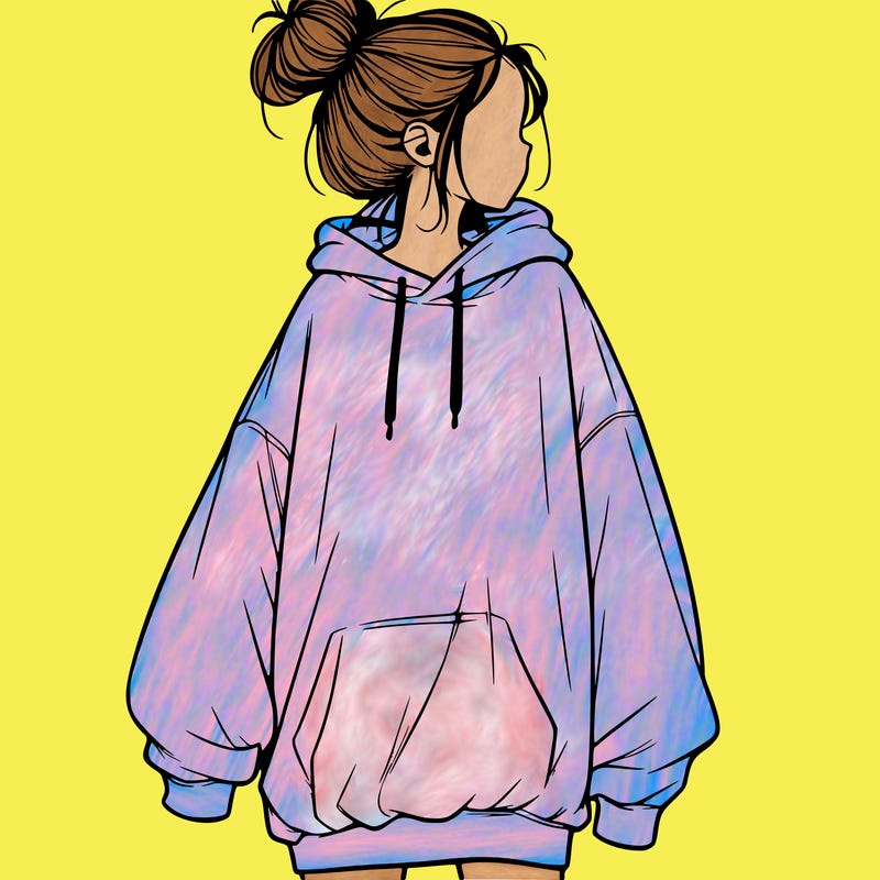 realistic girl with a oversized sweatshirt on and a bun