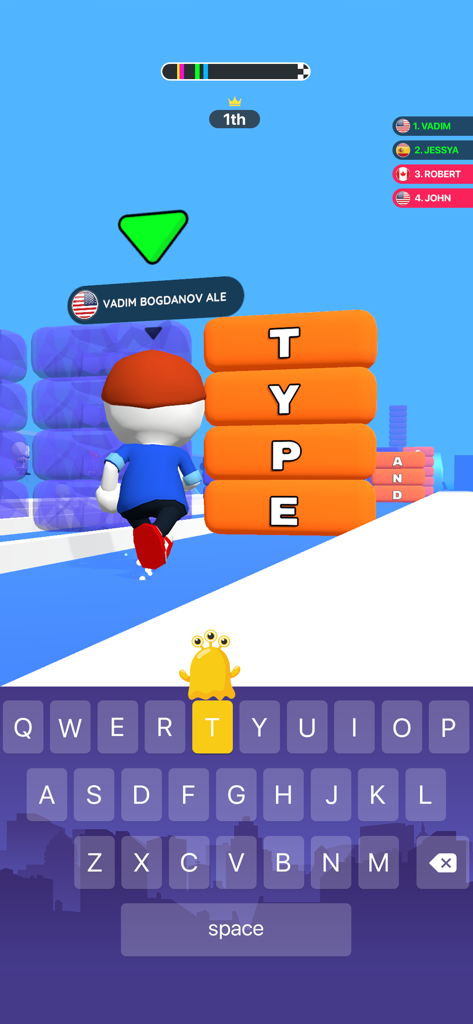 A character in Happy Printer competing in a typing race with an on-screen keyboard and leaderboard.