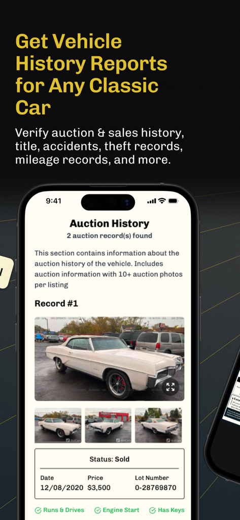 Classic Car VIN Lookup - Mobile app screen showing auction history and sales records for a vintage classic car