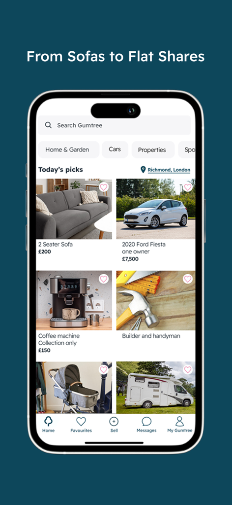Gumtree – Buy & Sell - Interfaz de la aplicación móvil Gumtree mostrando anuncios clasificados locales de artículos para el hogar, coches y servicios