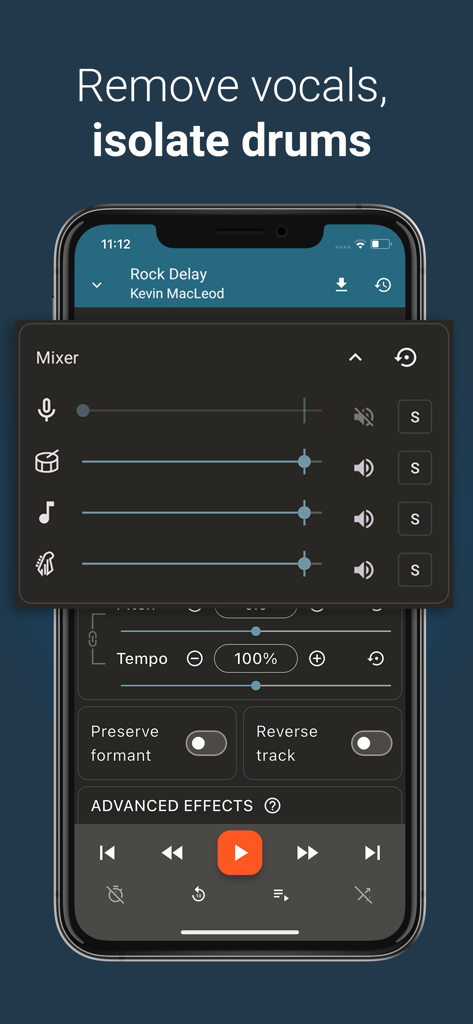 Up Tempo: Pitch, Speed Changer - Up Tempoアプリのミキサーインターフェース。ステム分離を使用してボーカルを削除し、ドラムを分離